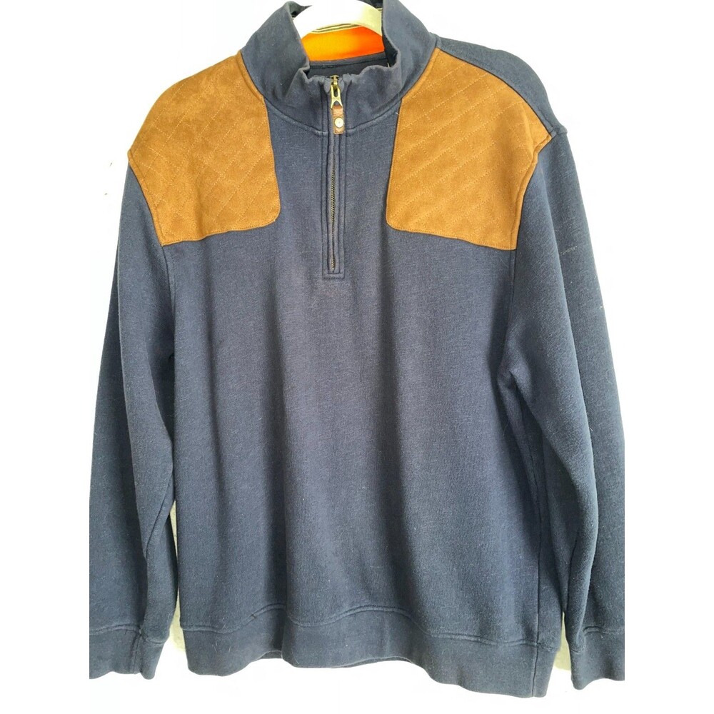 Orvis Vtg. Pullover 1/4 Zip Dark Navy Men's sz L Leather Shoulder Pads